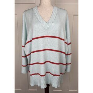Mersea Oversized V-Neck Sweater Aqua Red Stripe Coastal Knit One Size Tunic